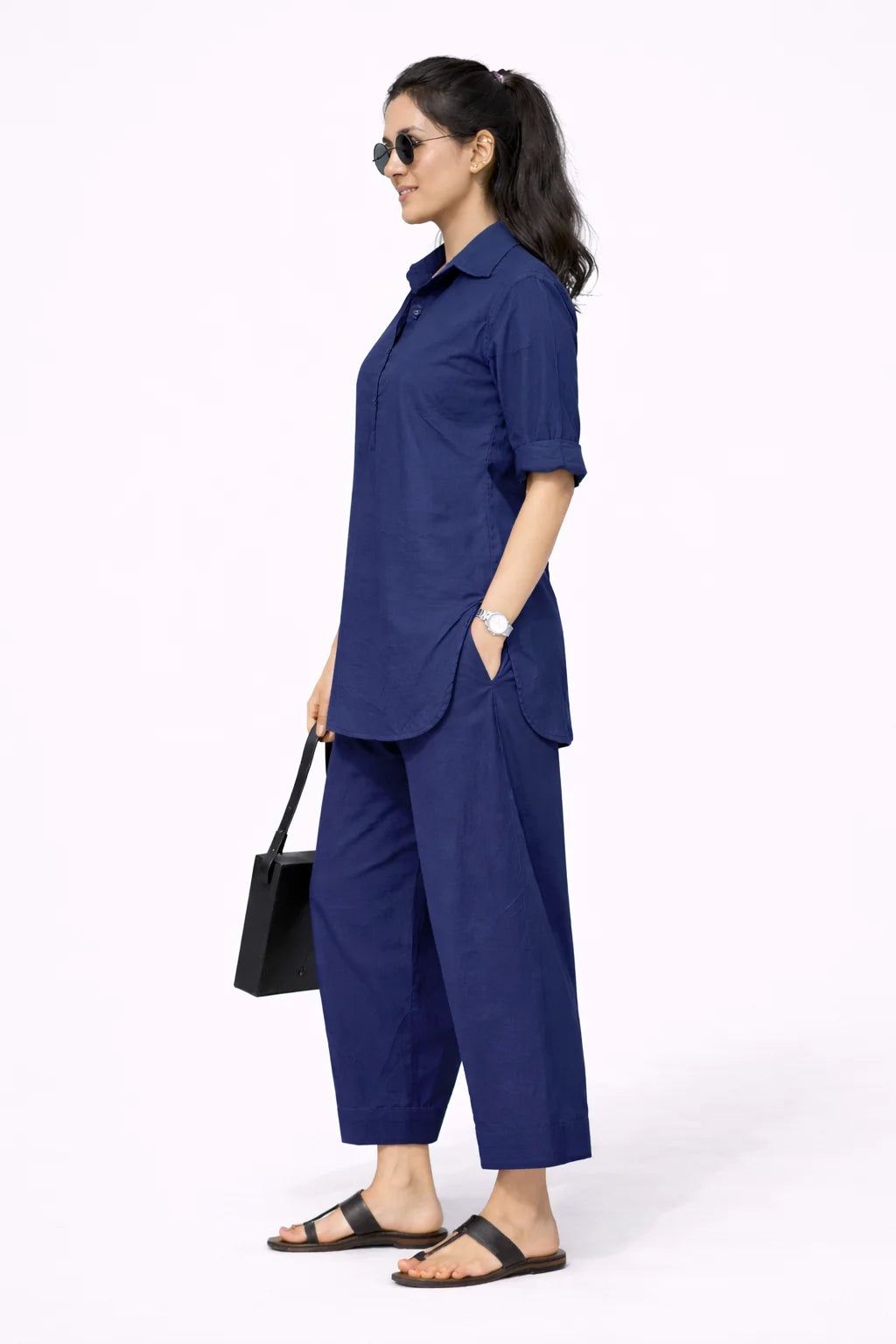 Navy blue Collared Kurta Co-Ord Set