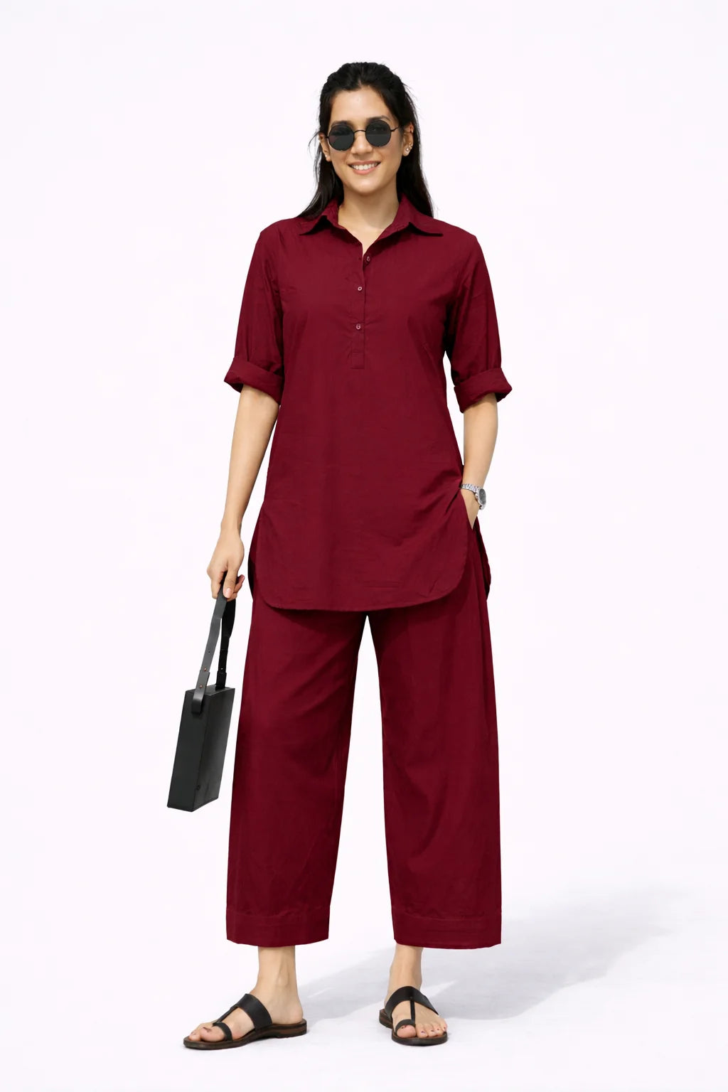 Maroon Collared Kurta Co-Ord Set