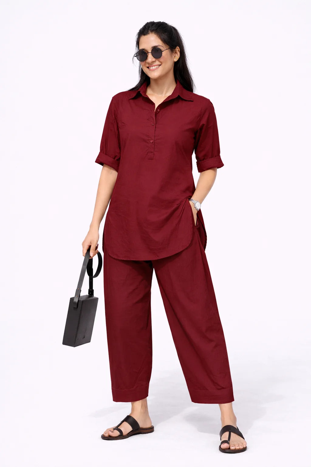 Maroon Collared Kurta Co-Ord Set