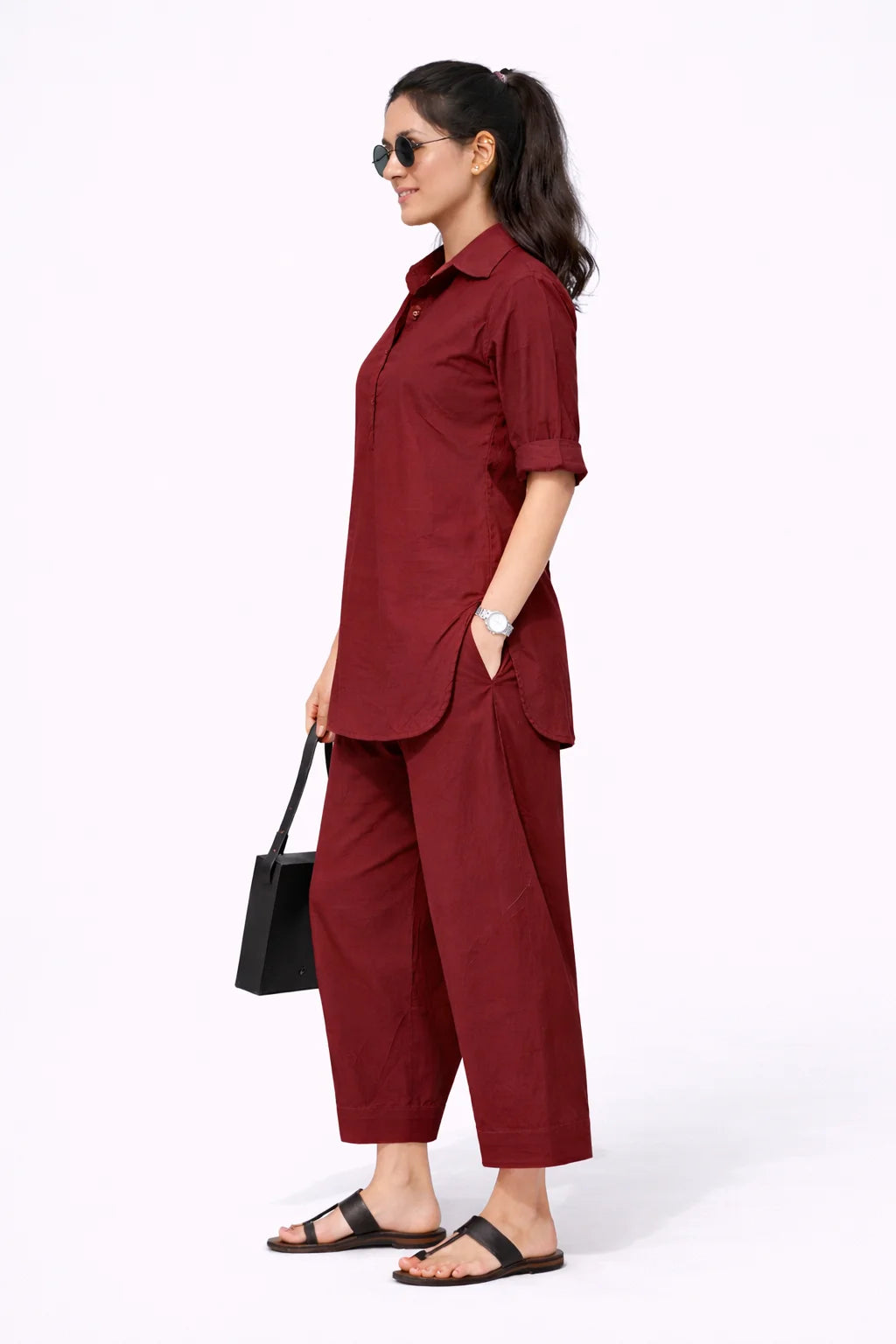 Maroon Collared Kurta Co-Ord Set