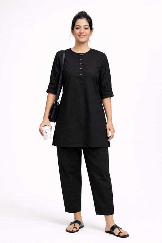 Black Button-Detail Kurta Co-Ord Set