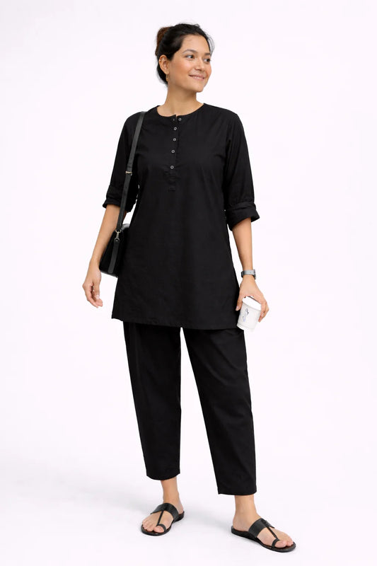 Black Button-Detail Kurta Co-Ord Set