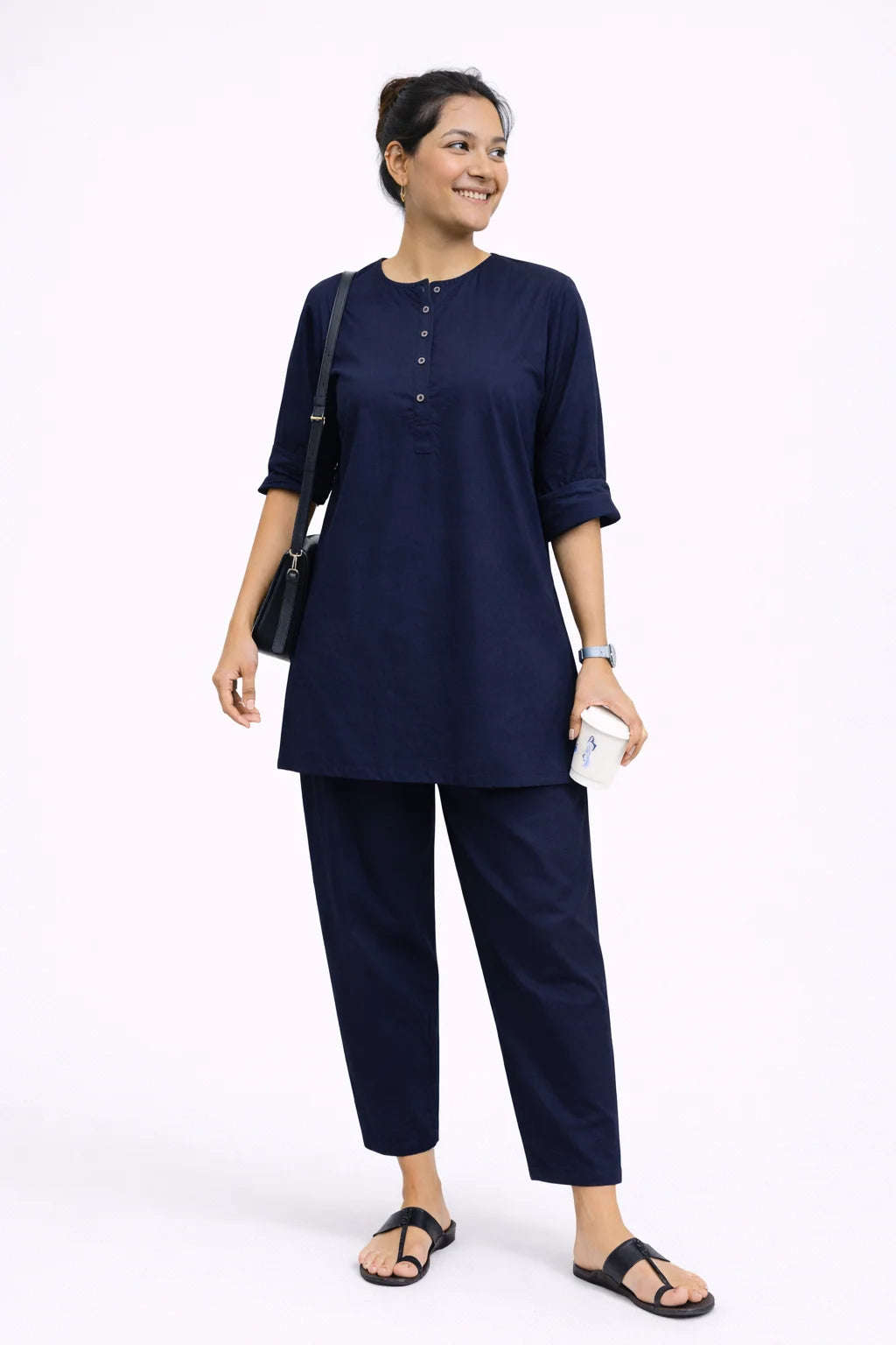 Navy blue Button-Detail Kurta Co-Ord Set