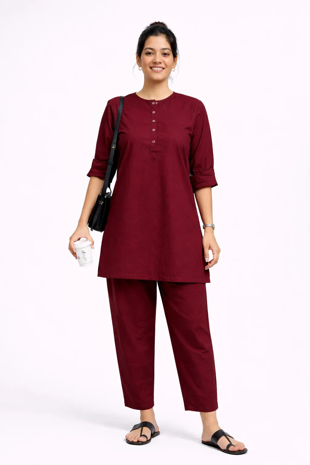 Maroon Button-Detail Kurta Co-Ord Set