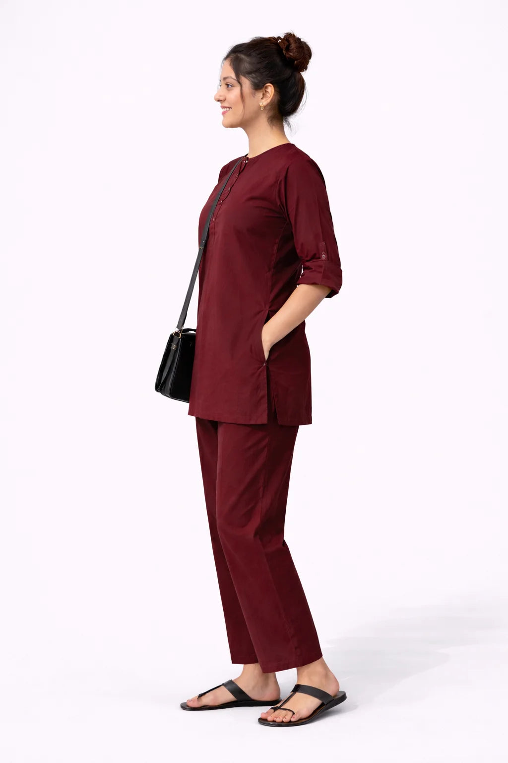 Maroon Button-Detail Kurta Co-Ord Set