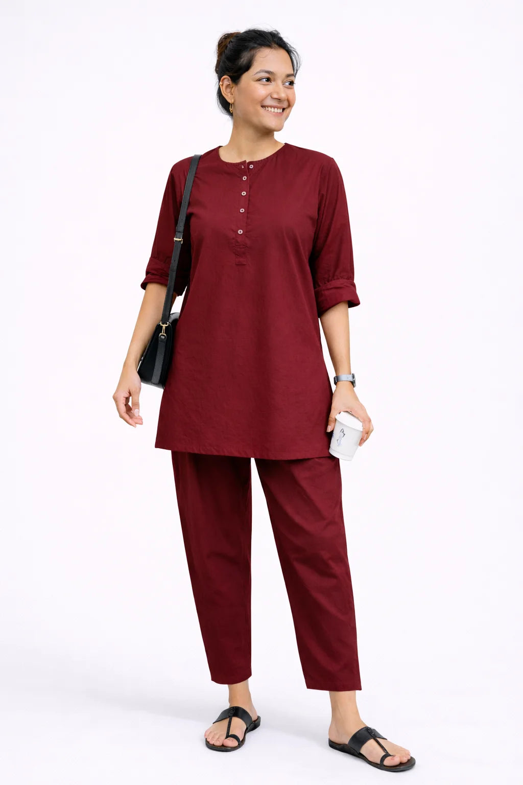 Maroon Button-Detail Kurta Co-Ord Set