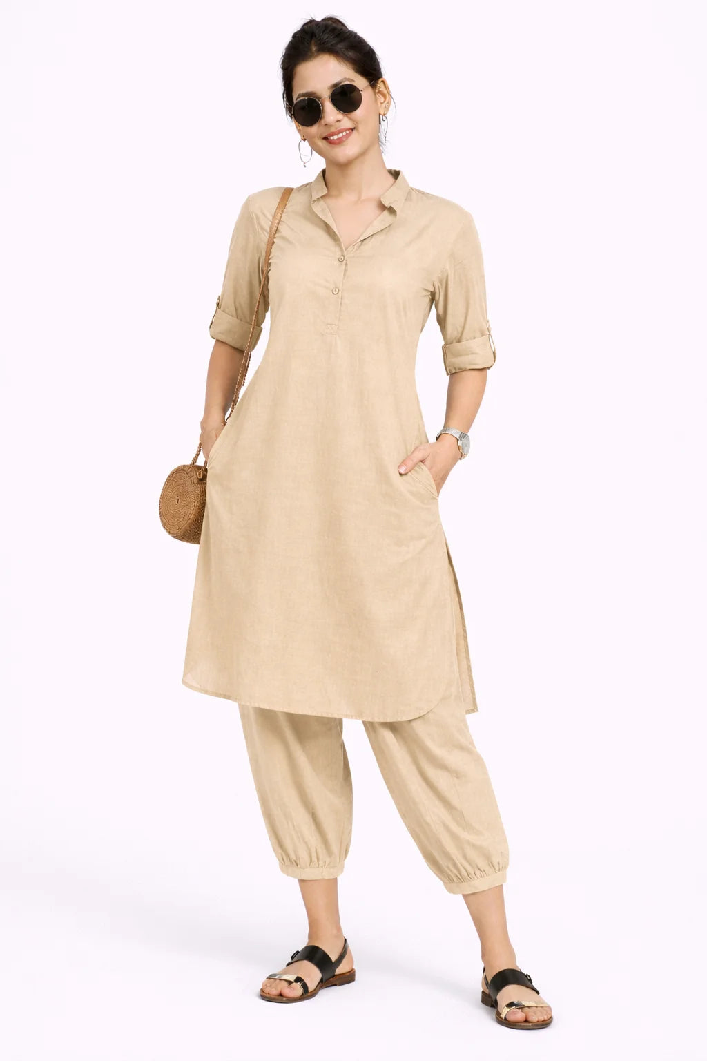 Relaxed Fit Beige Kurta Set