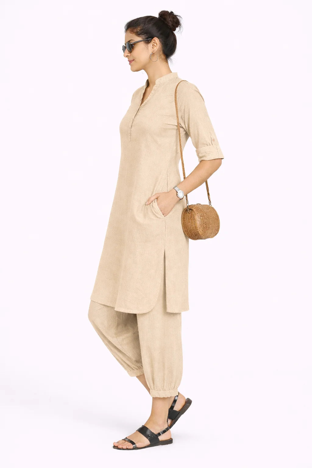 Relaxed Fit Beige Kurta Set