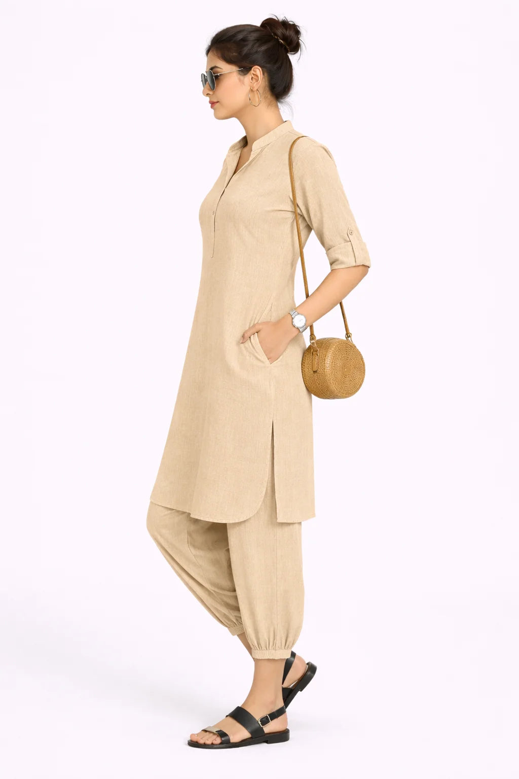 Relaxed Fit Beige Kurta Set