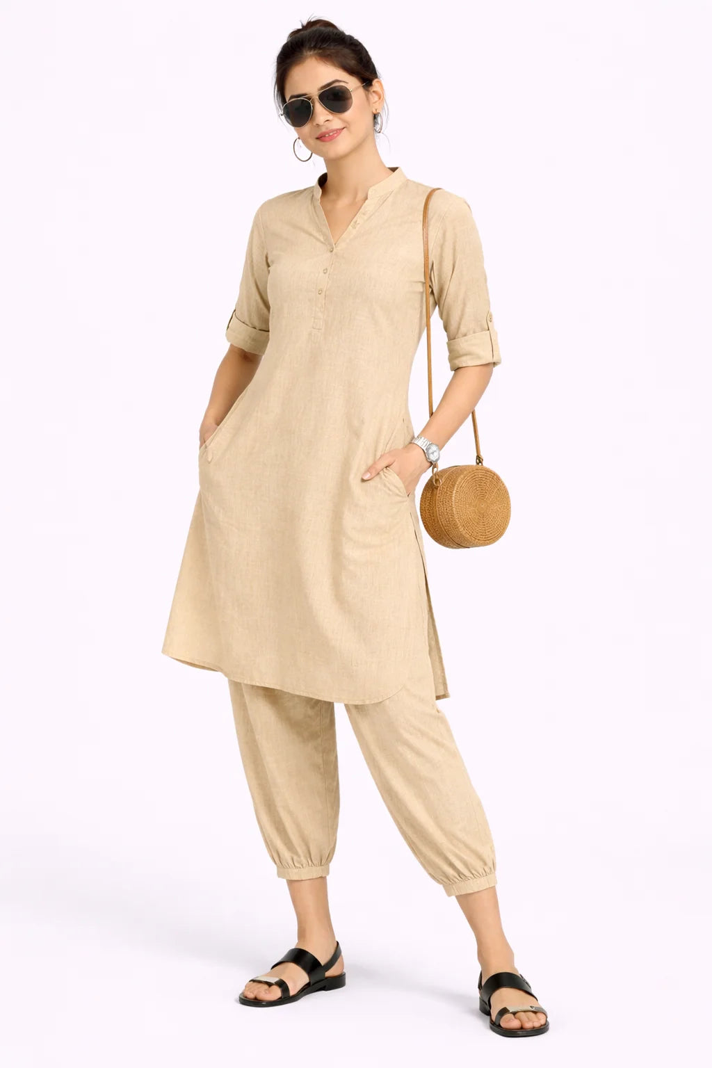 Relaxed Fit Beige Kurta Set