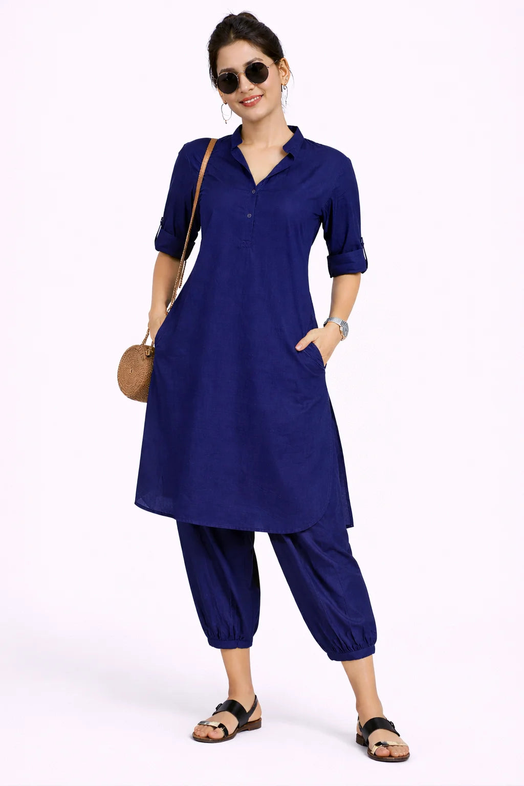 Relaxed Fit Navy Blue Kurta Set