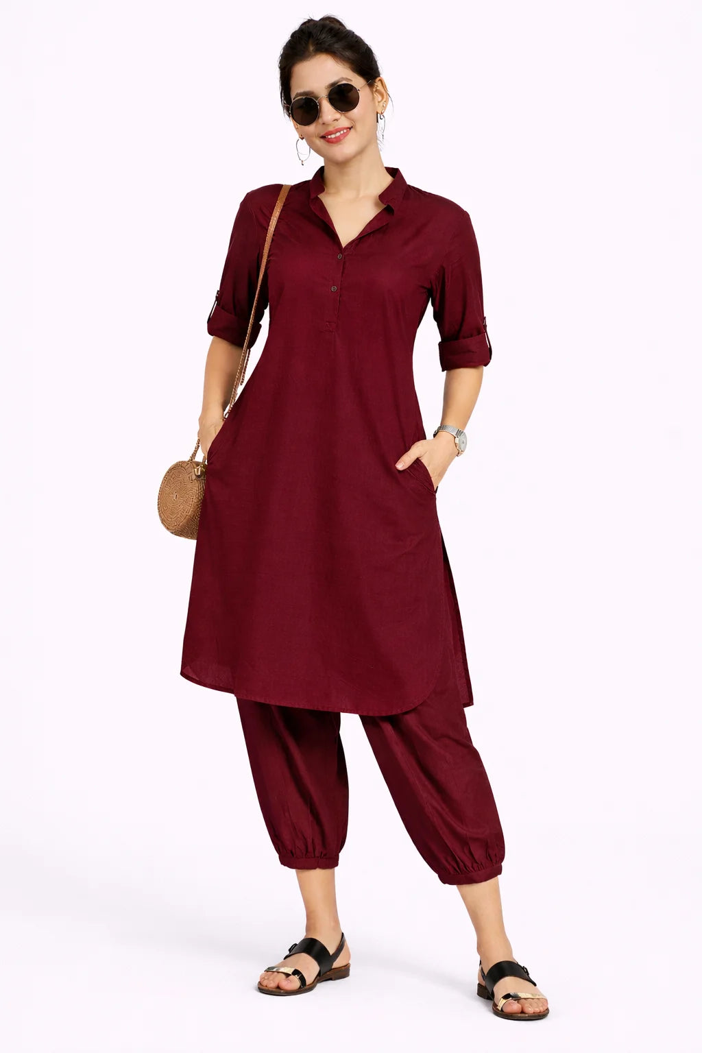 Relaxed Fit Maroon Kurta Set