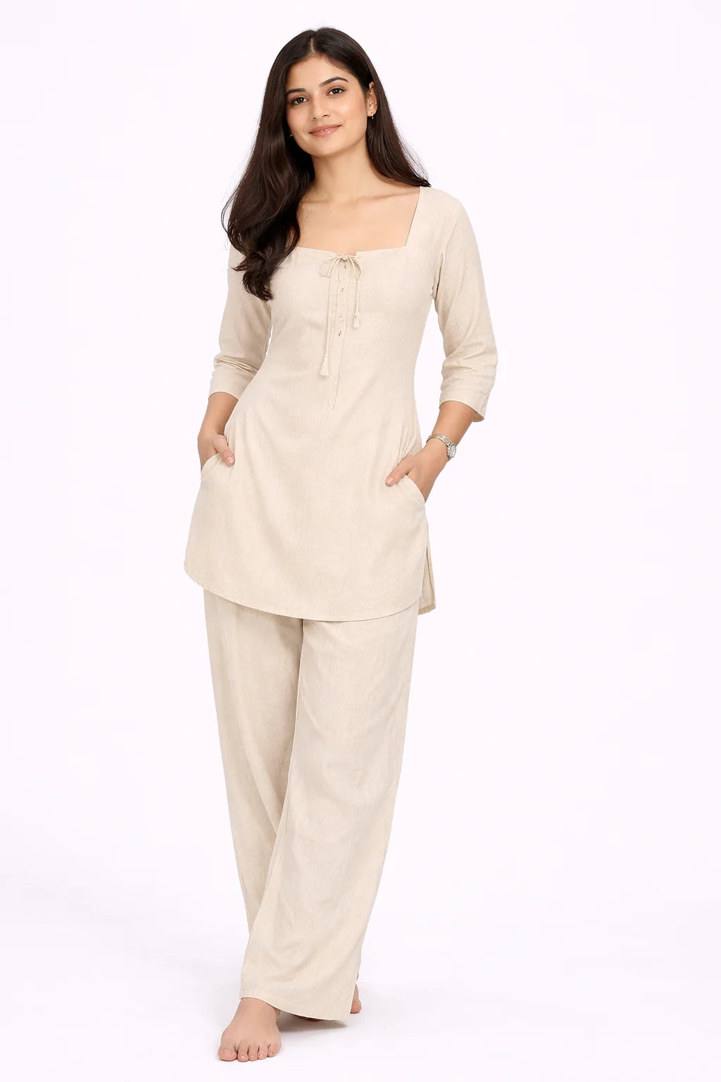 Beige Square Neck Tie-Detail Kurti