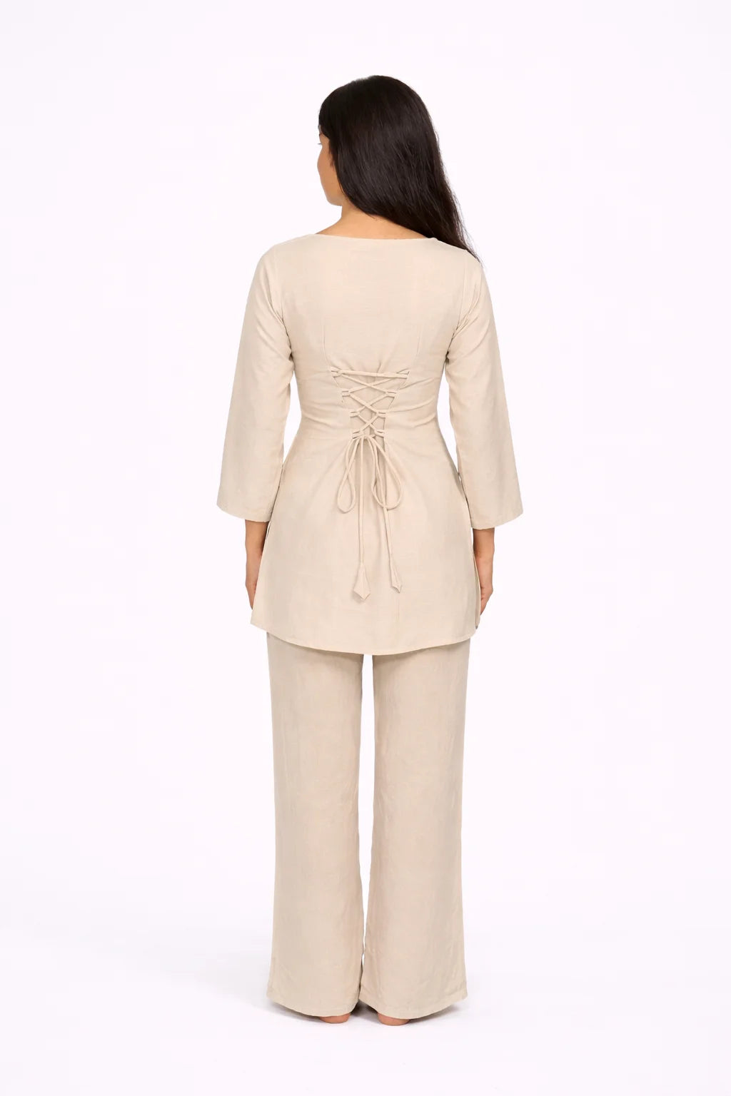Beige Square Neck Tie-Detail Kurti