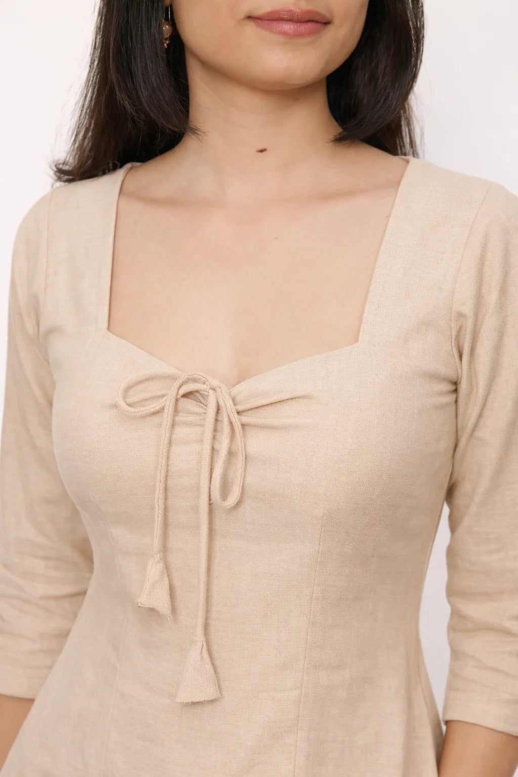 Beige Square Neck Tie-Detail Kurti