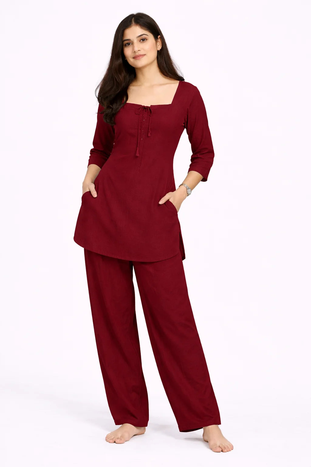 Beige Square Neck Tie-Detail Kurti