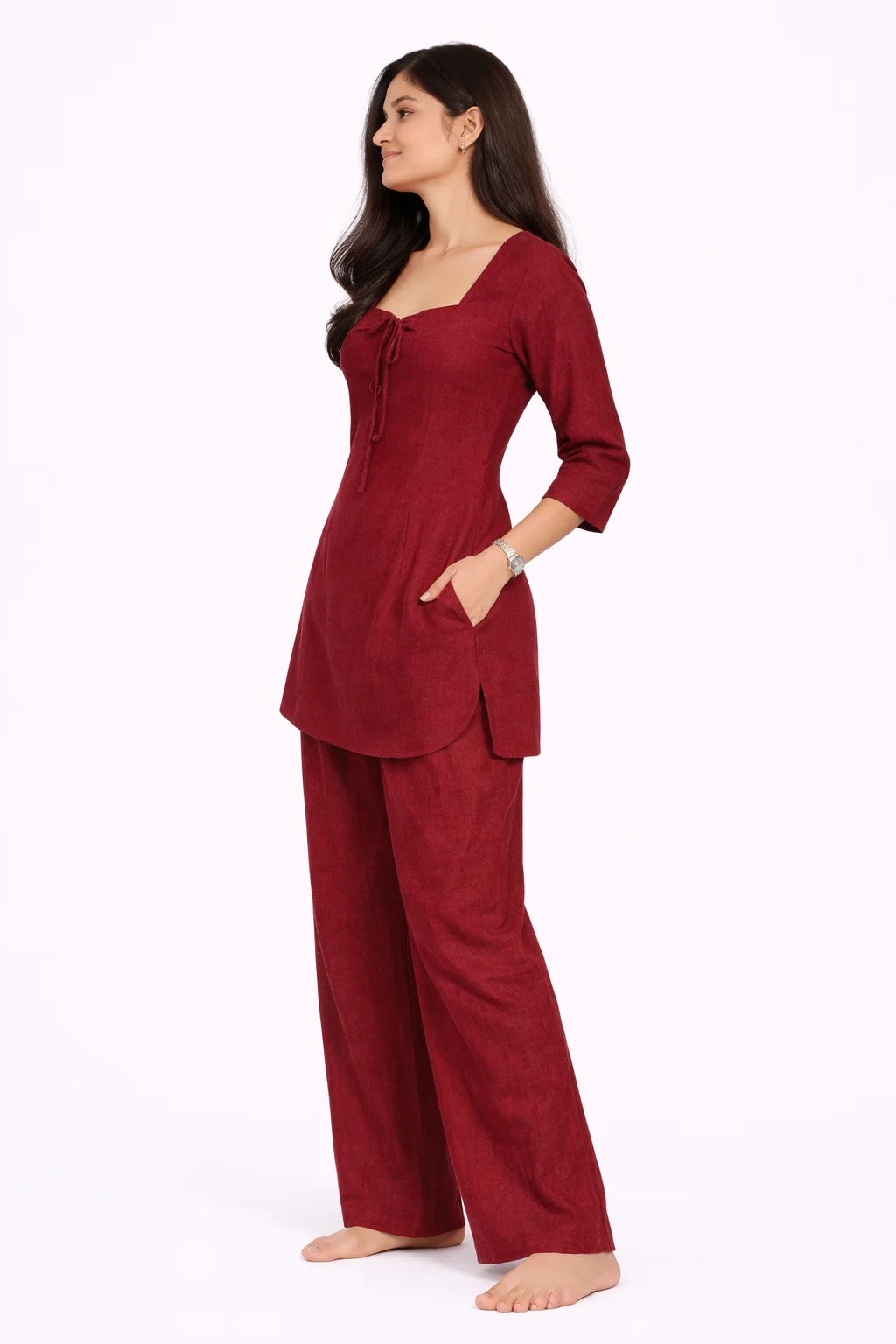 Beige Square Neck Tie-Detail Kurti