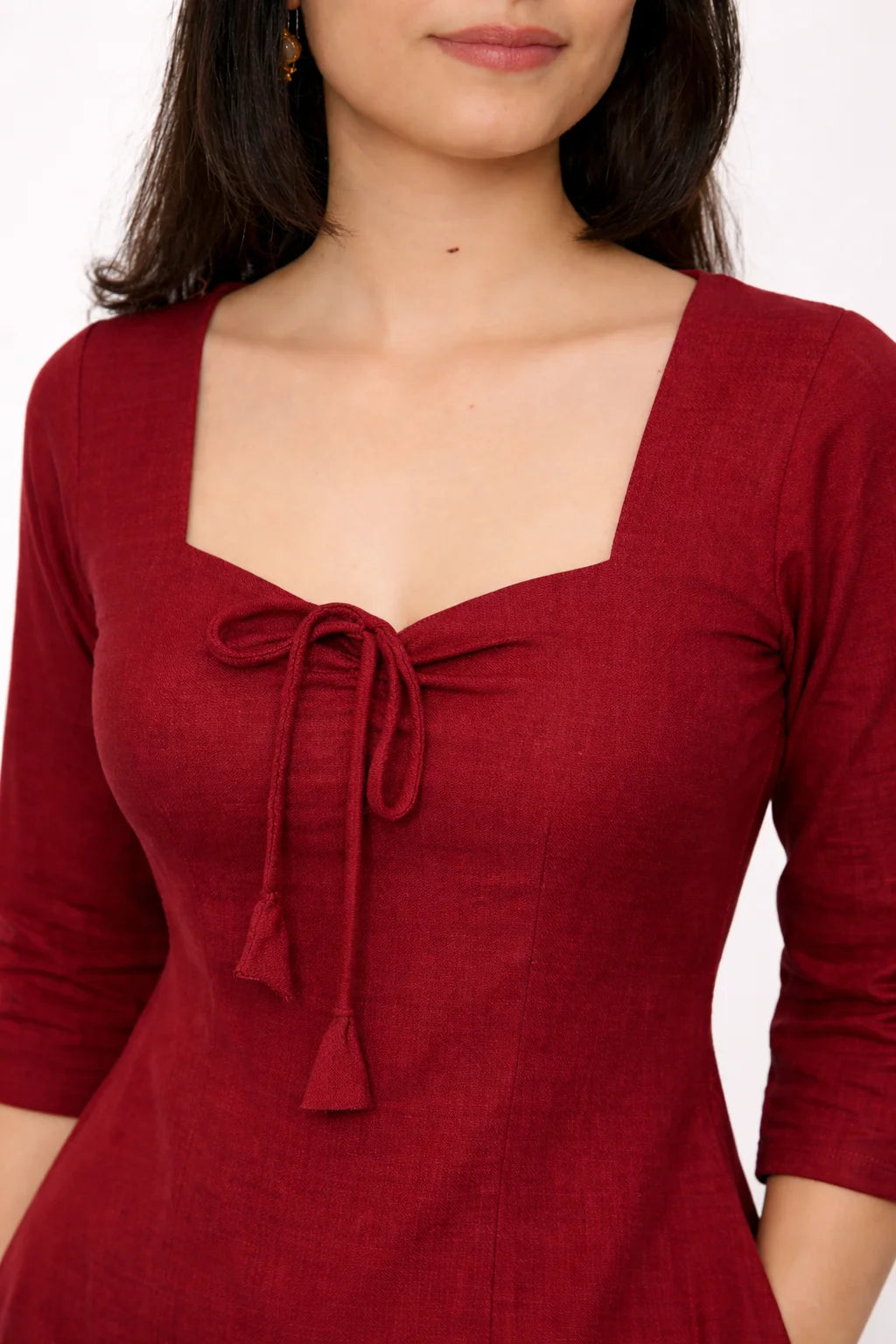 Beige Square Neck Tie-Detail Kurti