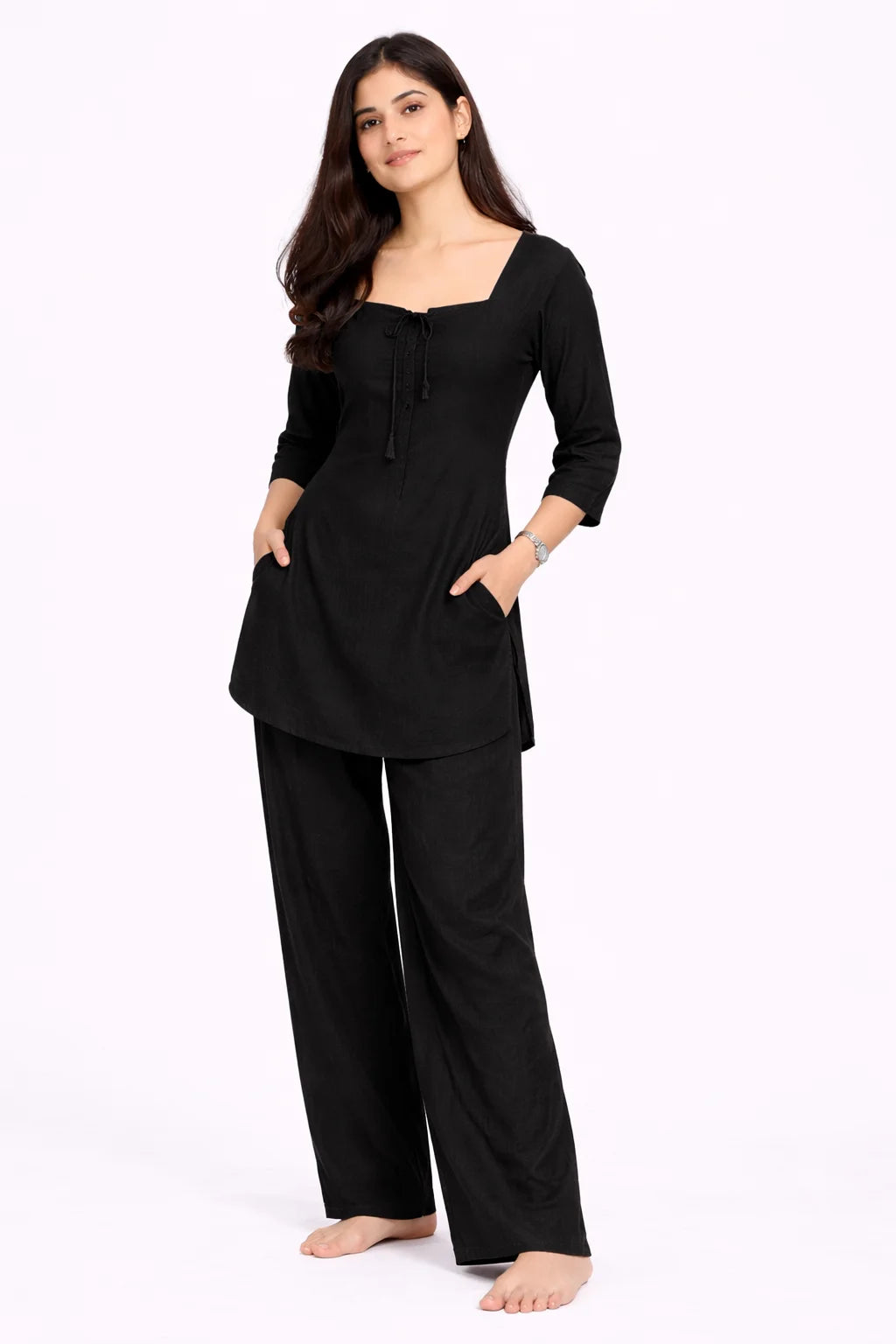 Black Square Neck Tie-Detail Kurti
