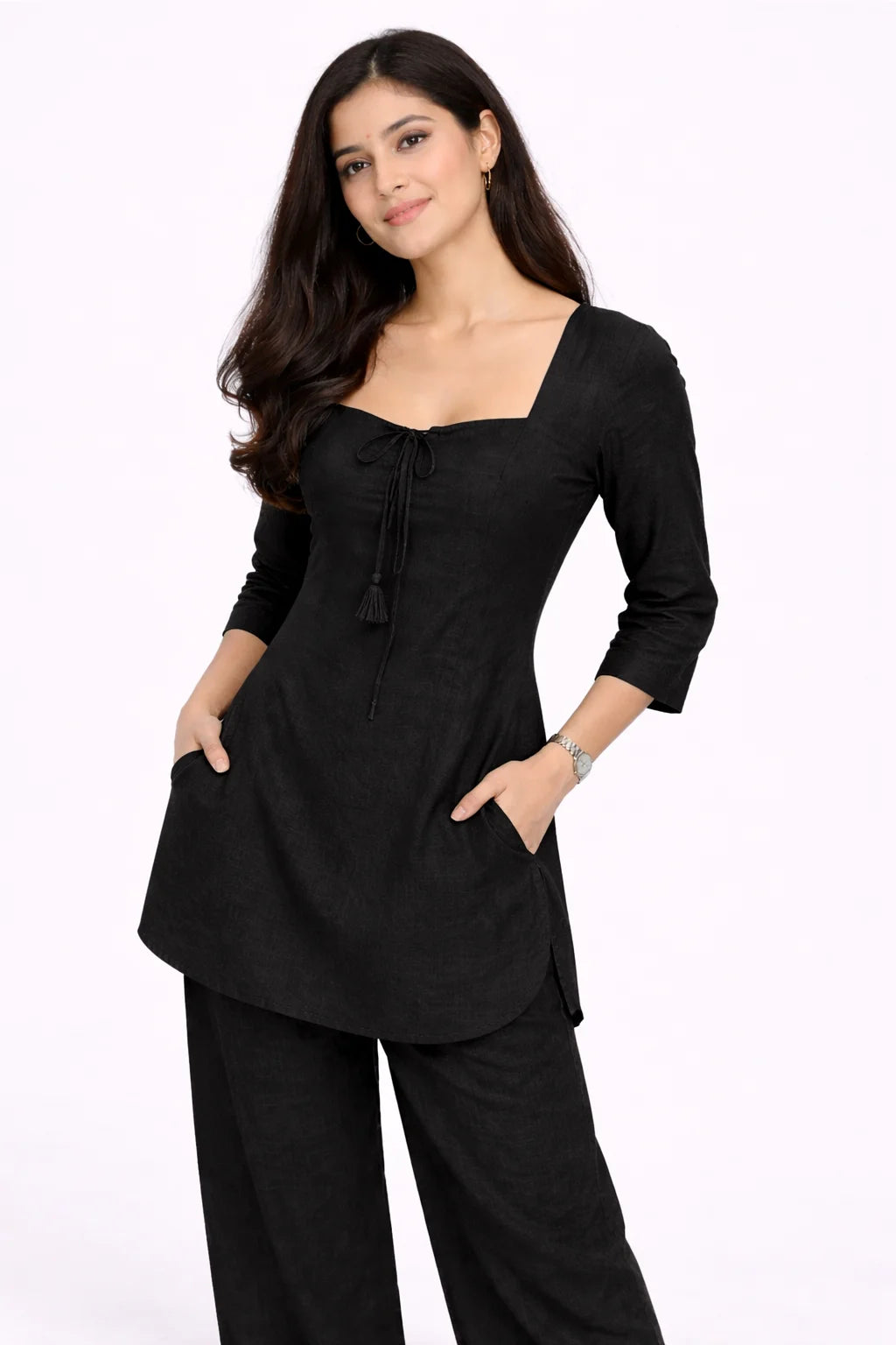 Black Square Neck Tie-Detail Kurti