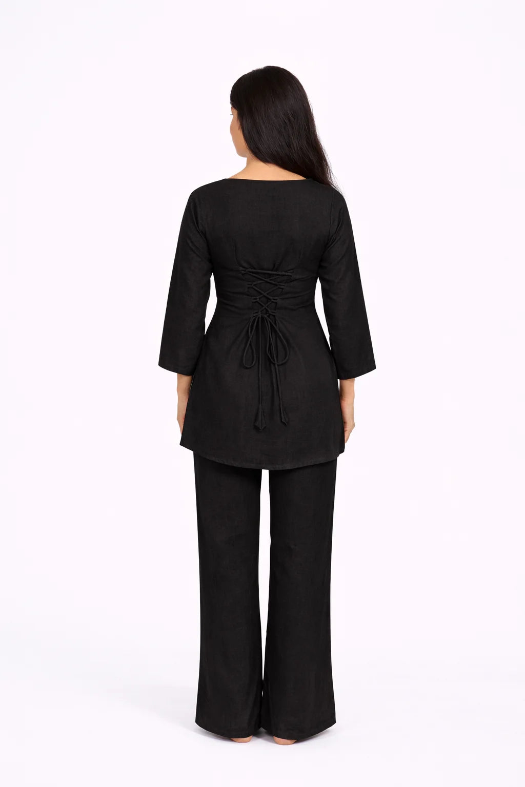 Black Square Neck Tie-Detail Kurti