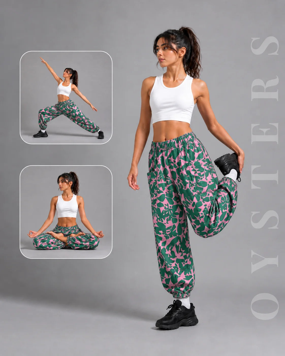 OYSTERS PINK GREEN PRINTED BALLOON YOGA PANTS FOR WOMEN