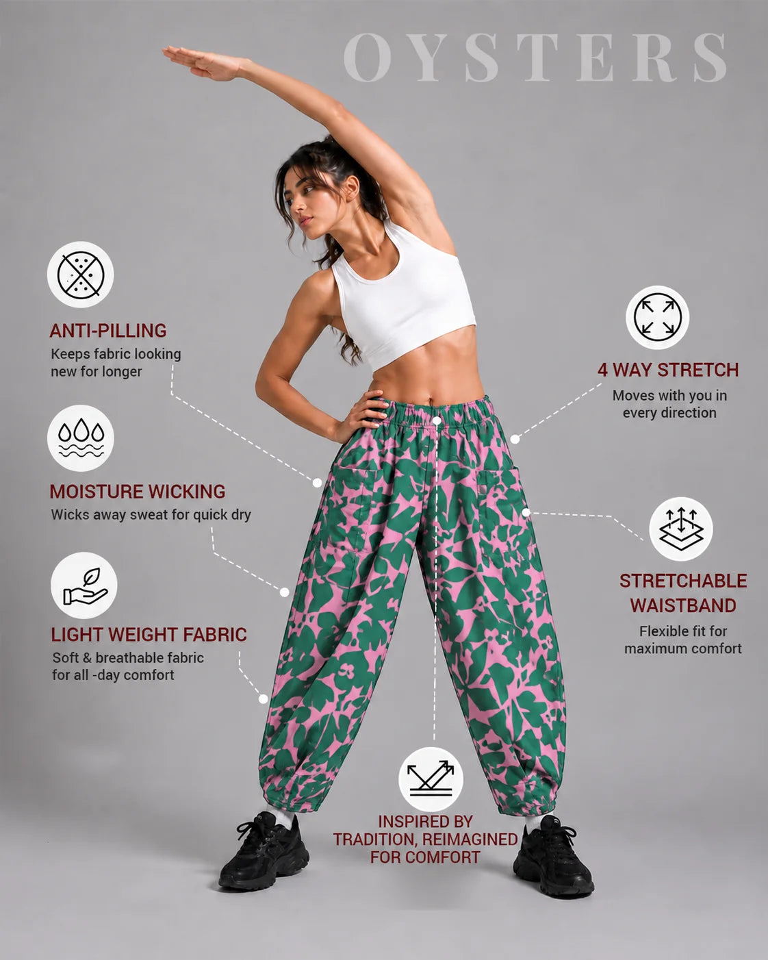 OYSTERS PINK GREEN PRINTED BALLOON YOGA PANTS FOR WOMEN