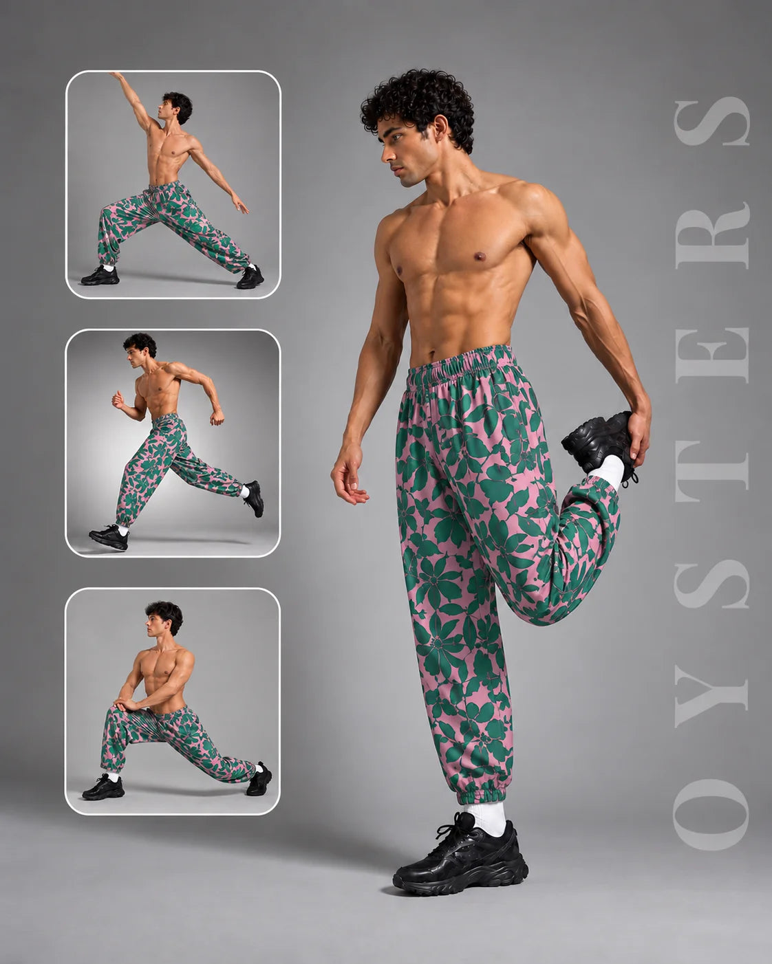 OYSTERS MEN's GREEN PINK PRINTED AEROZEN RELAXED FIT YOGA PANTS