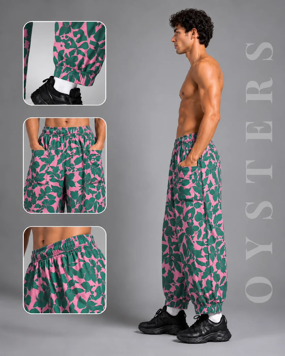 OYSTERS MEN's GREEN PINK PRINTED AEROZEN RELAXED FIT YOGA PANTS