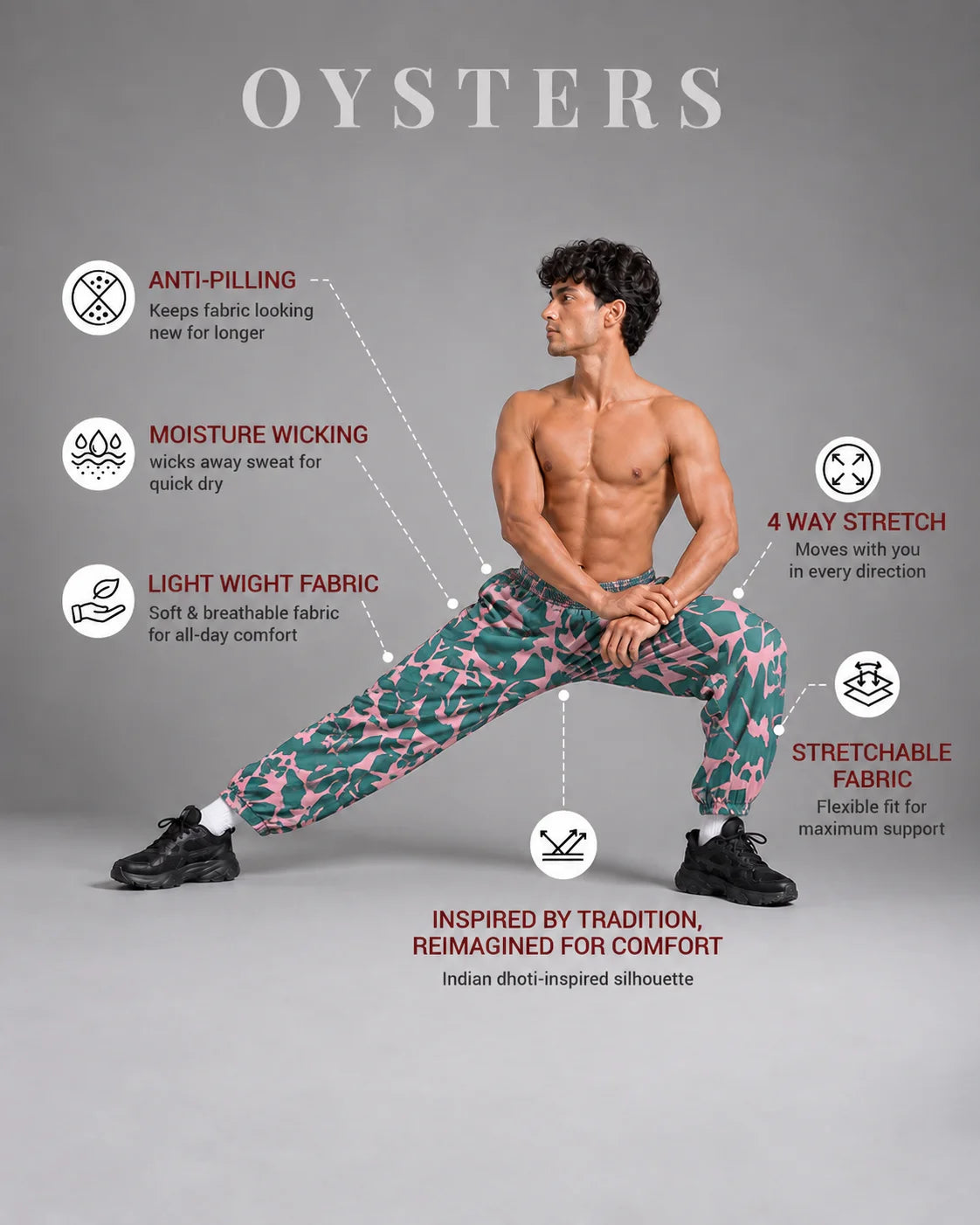 OYSTERS MEN's GREEN PINK PRINTED AEROZEN RELAXED FIT YOGA PANTS