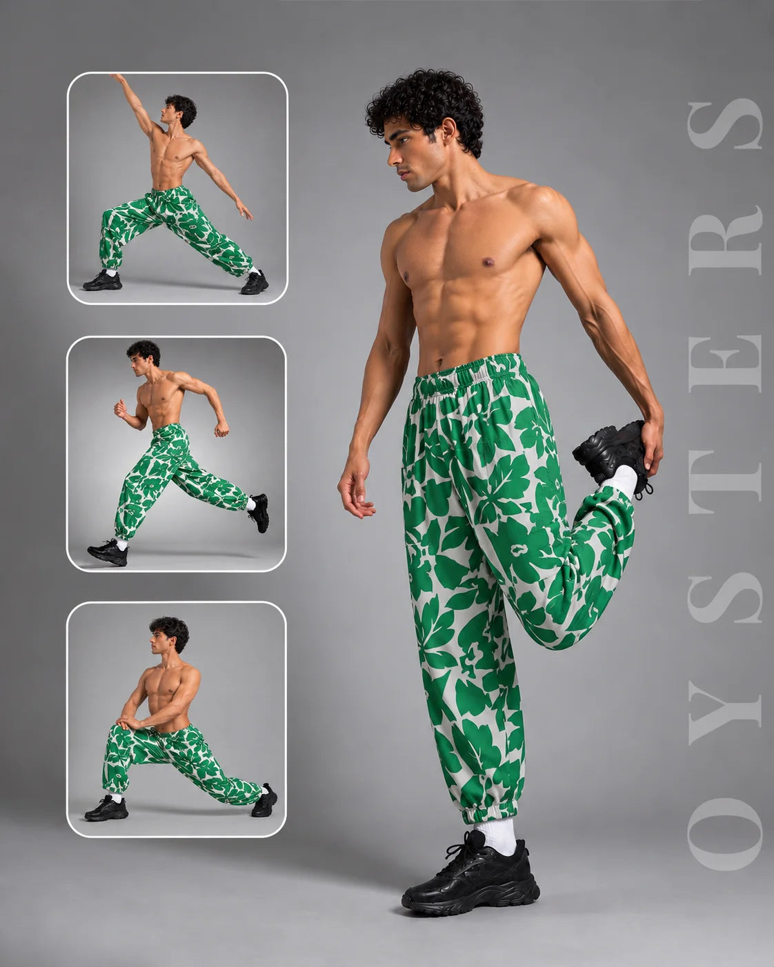 OYSTERS MEN's GREEN WHITE PRINTED AEROZEN RELAXED FIT YOGA PANTS