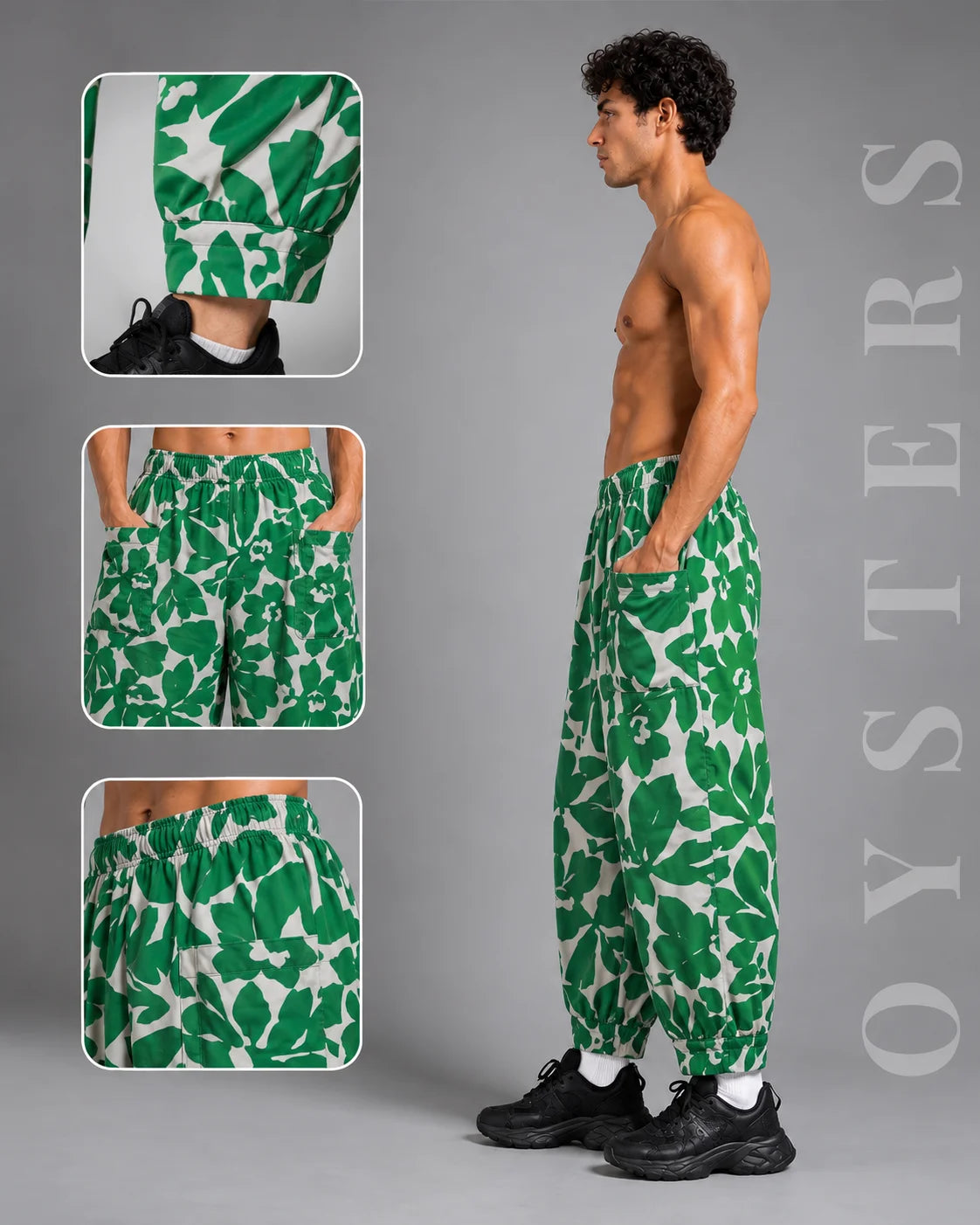 OYSTERS MEN's GREEN WHITE PRINTED AEROZEN RELAXED FIT YOGA PANTS