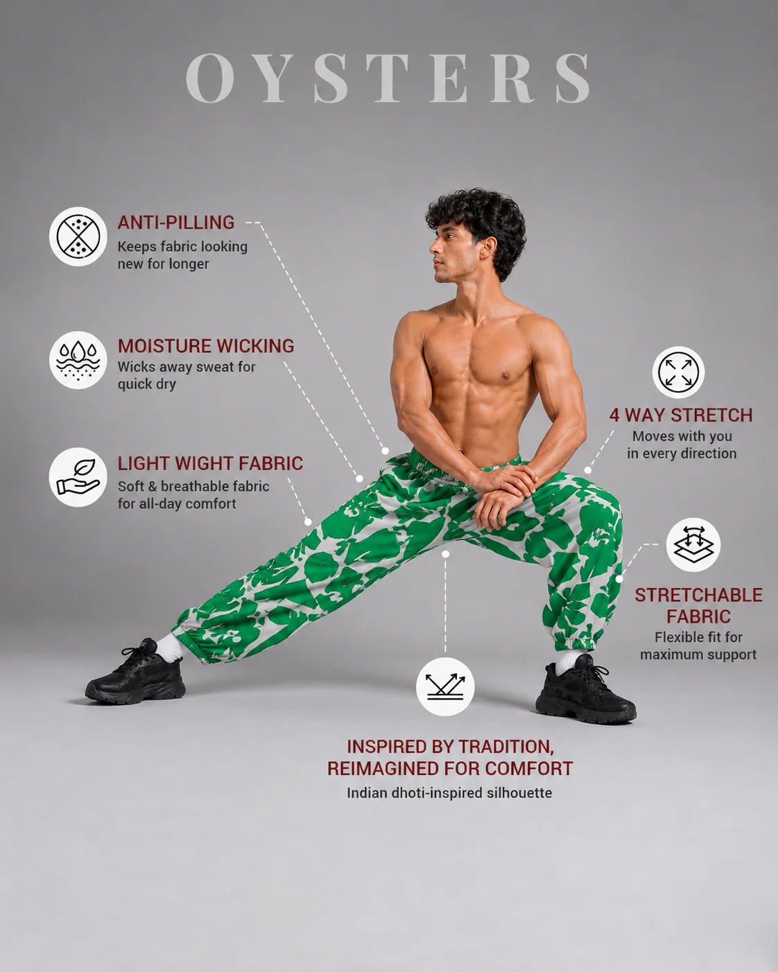 OYSTERS MEN's GREEN WHITE PRINTED AEROZEN RELAXED FIT YOGA PANTS