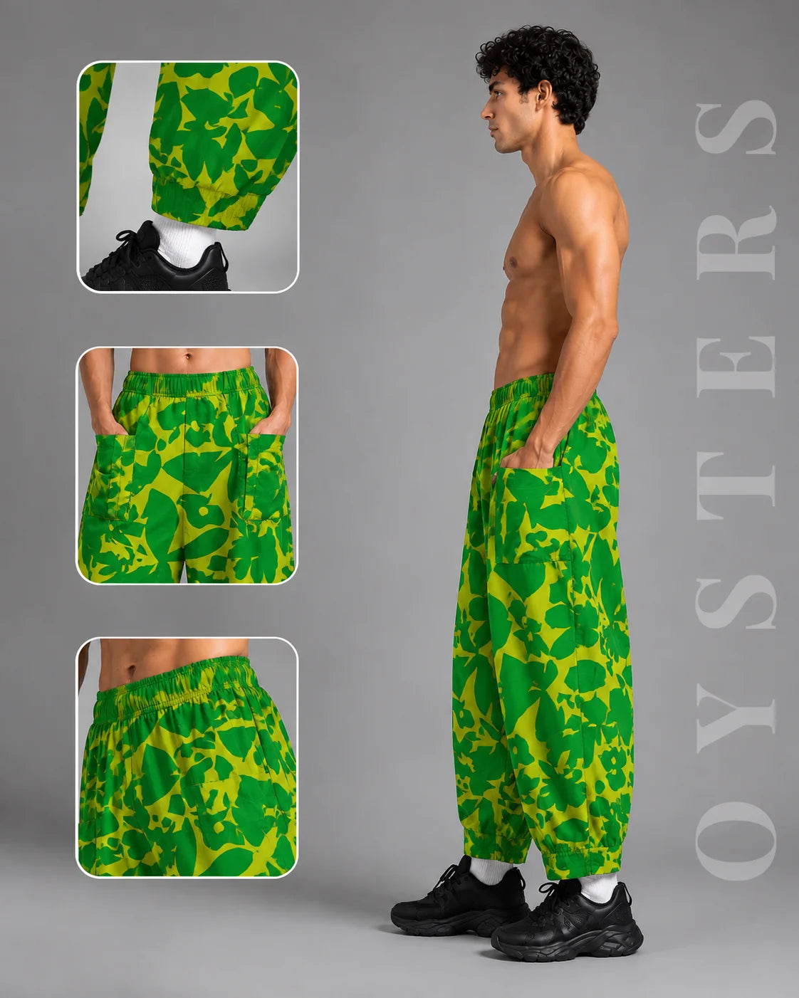OYSTERS MEN's GREEN YELLOW PRINTED AEROZEN RELAXED FIT YOGA PANTS