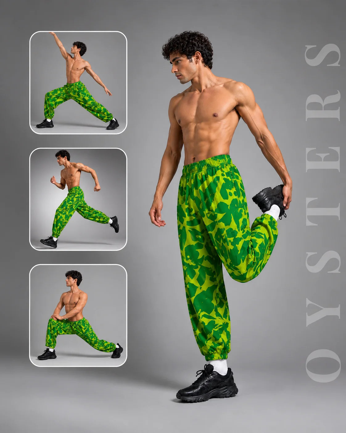 OYSTERS MEN's GREEN YELLOW PRINTED AEROZEN RELAXED FIT YOGA PANTS