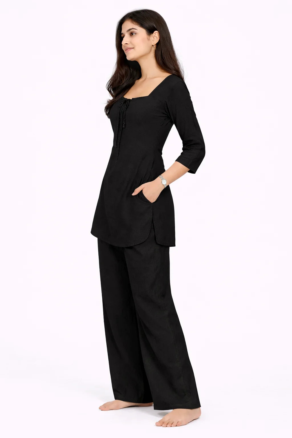 Black Square Neck Tie-Detail Kurti