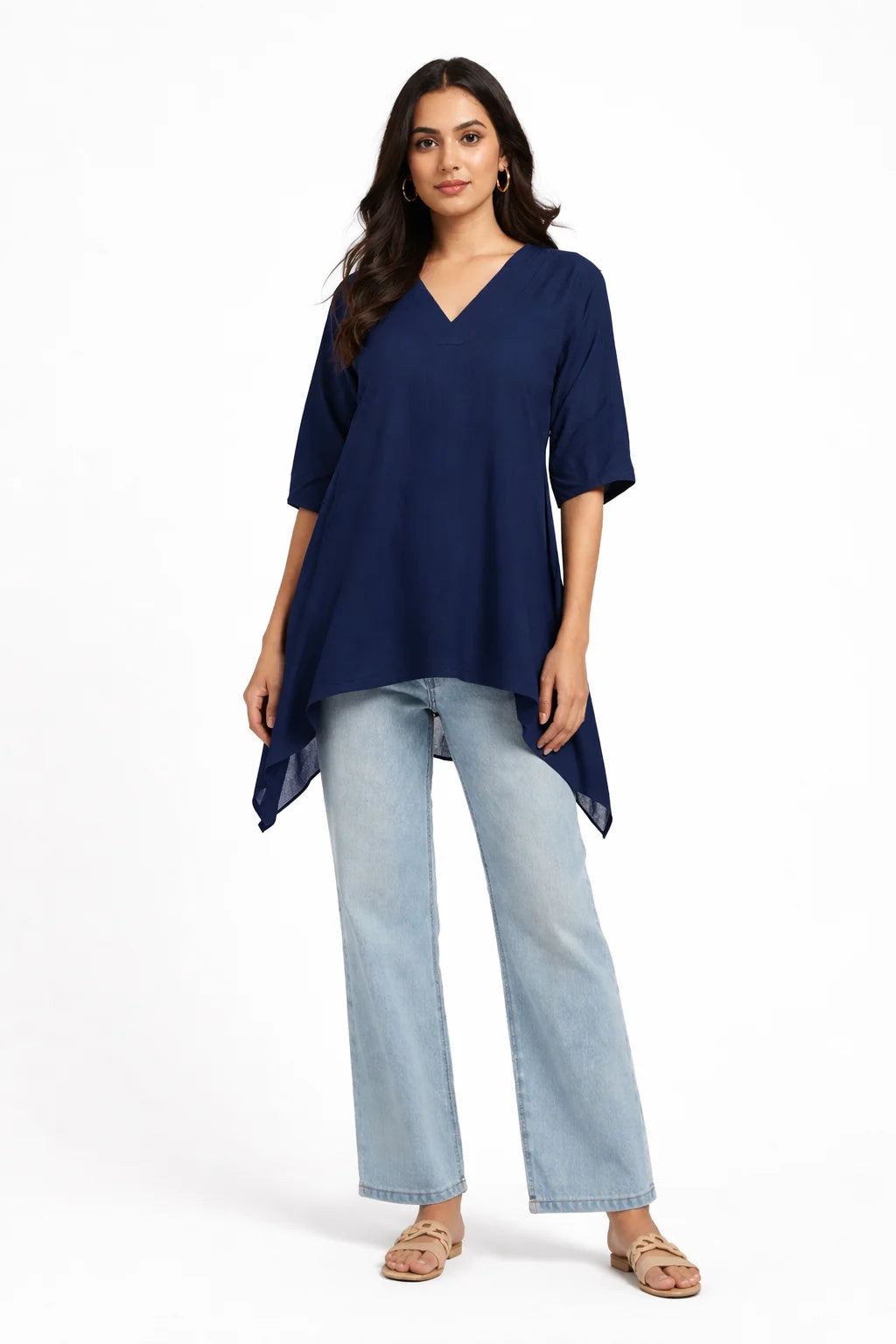 Navy Blue Asymmetrical V-Neck Tunic