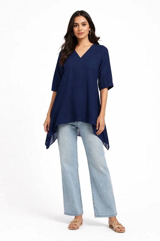 Navy Blue Asymmetrical V-Neck Tunic