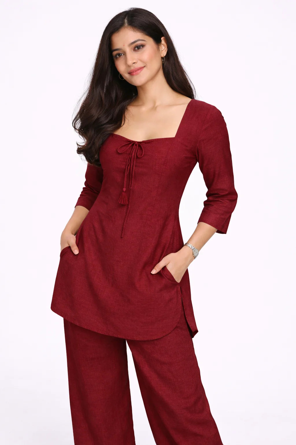 Beige Square Neck Tie-Detail Kurti