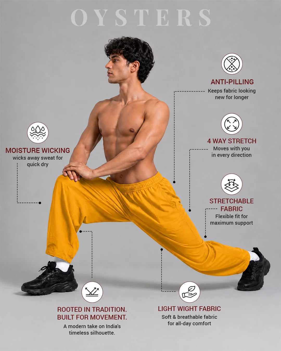 OYSTERS MEN's AEROZEN RELAXED FIT MUSTARD YOGA PANTS