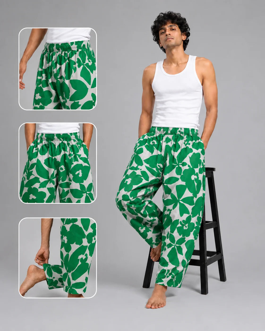 OYSTERS BALLOON-CUT WHITE GREEN PRINTED PANTS  FOR MEN