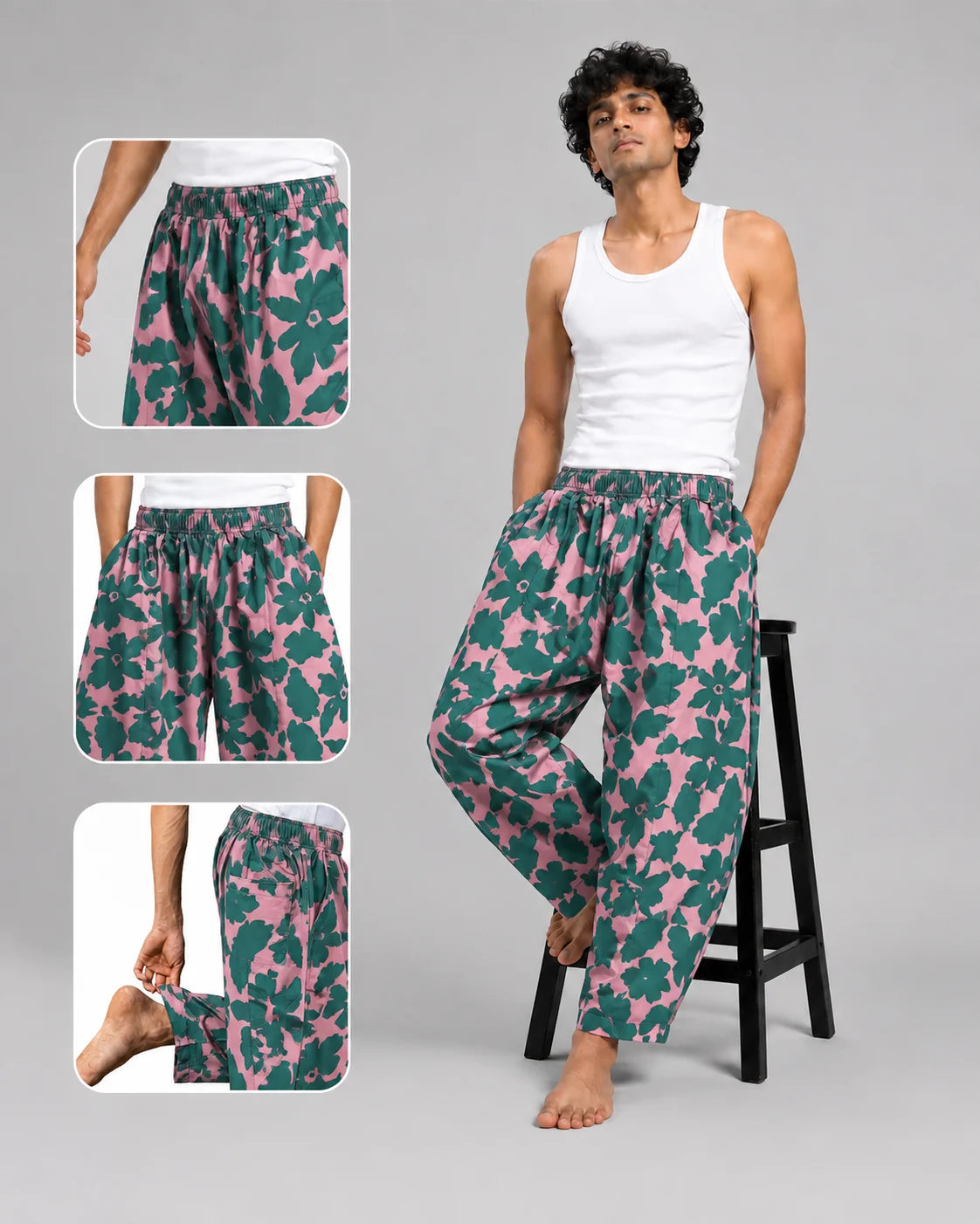 OYSTERS BALLOON-CUT PINK GREEN PRINTED PANTS  FOR MEN