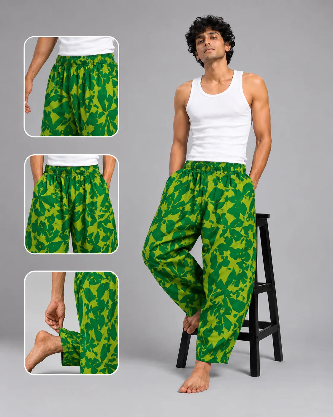 OYSTERS BALLOON-CUT YELLOW GREEN PRINTED PANTS  FOR MEN