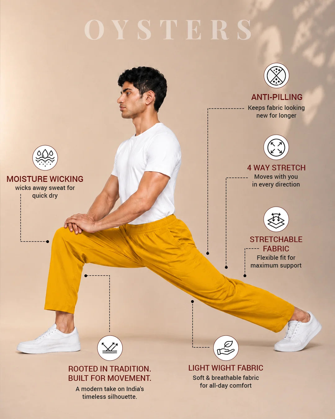 OYSTERS TAPERED UTILITY MUSTARD YELLOW PANTS FOR MEN