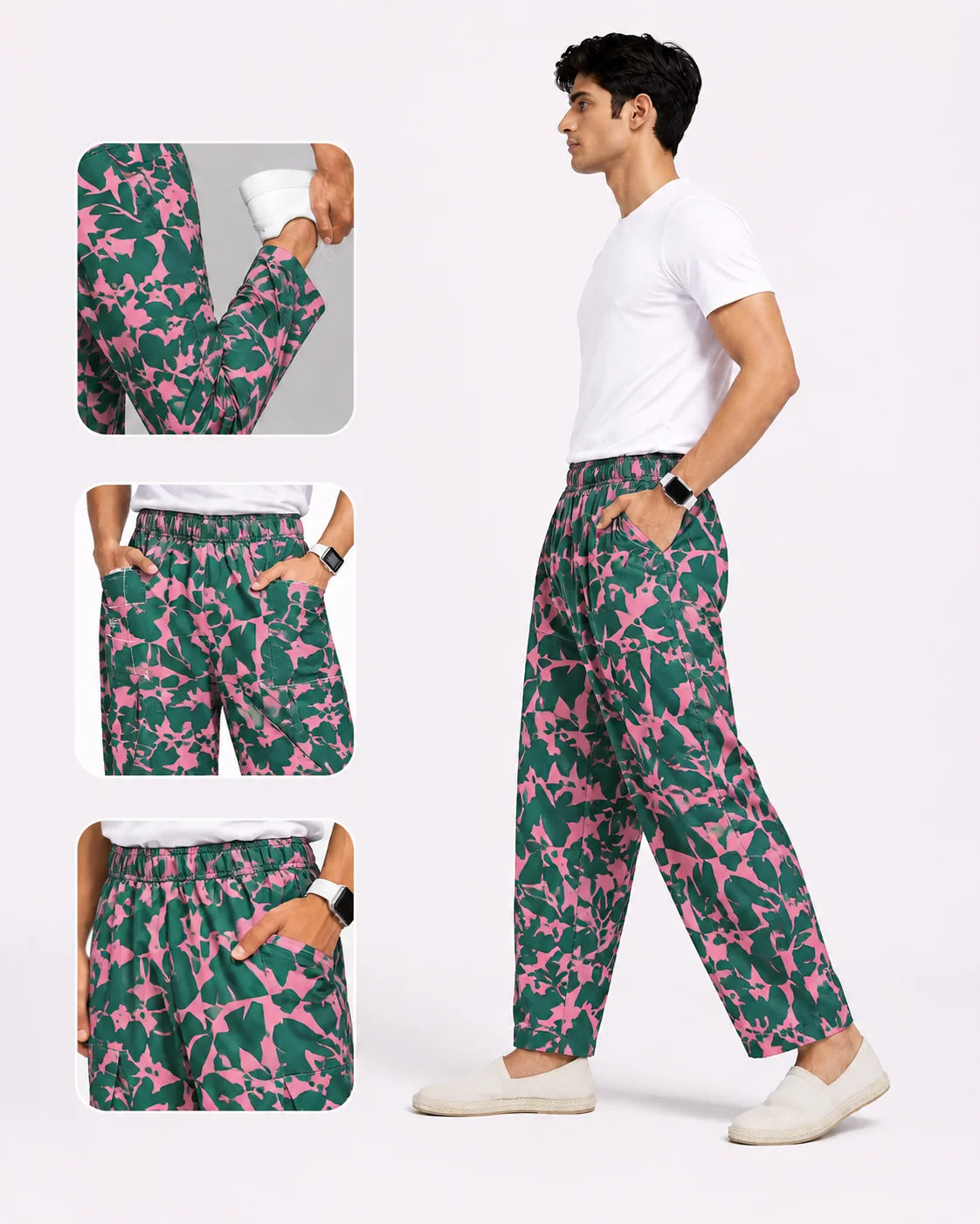 OYSTERS UTILITY BARREL PANTS PINK GREEN PRINTED FOR MEN