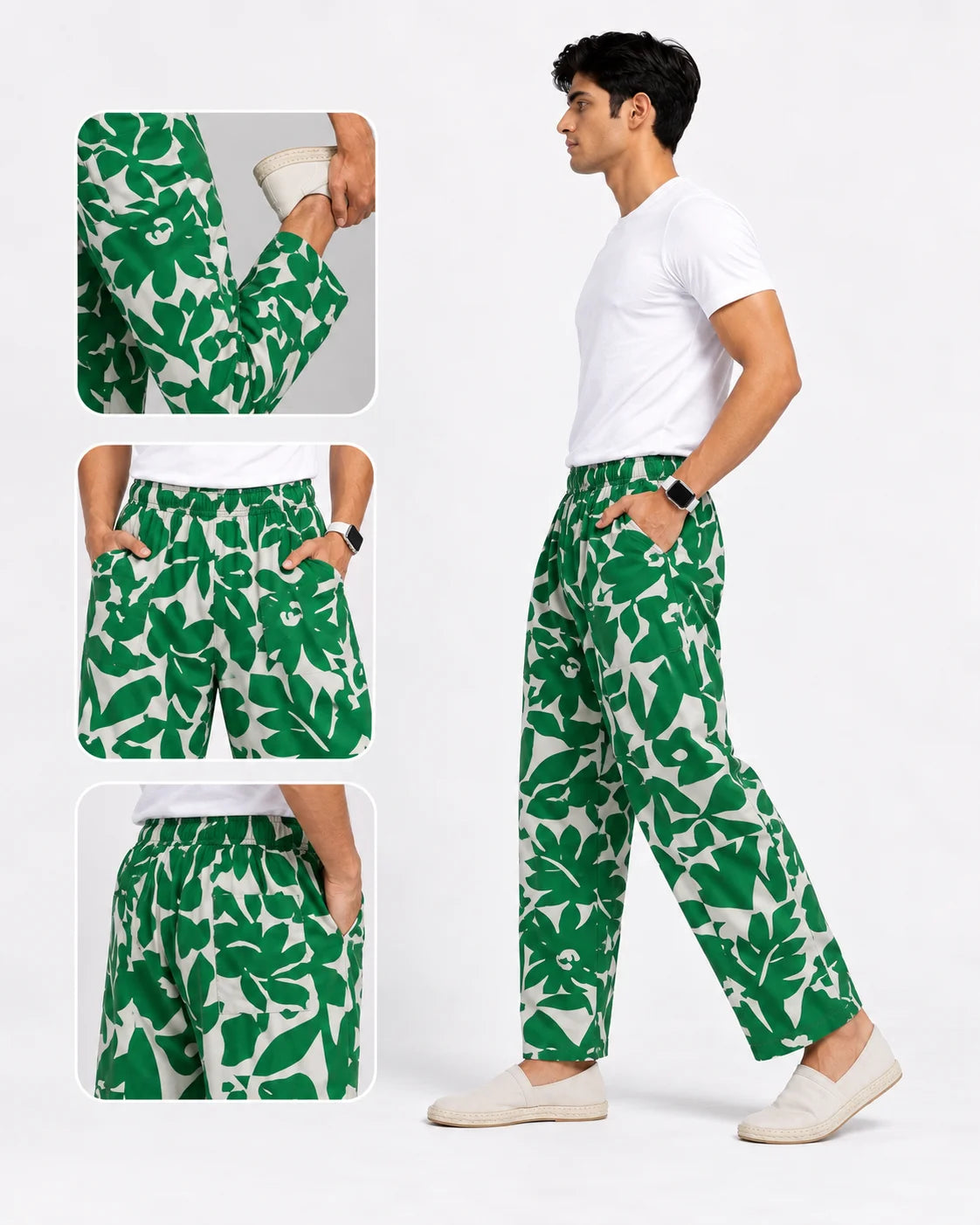 OYSTERS UTILITY BARREL PANTS WHITE GREEN PRINTED FOR MEN