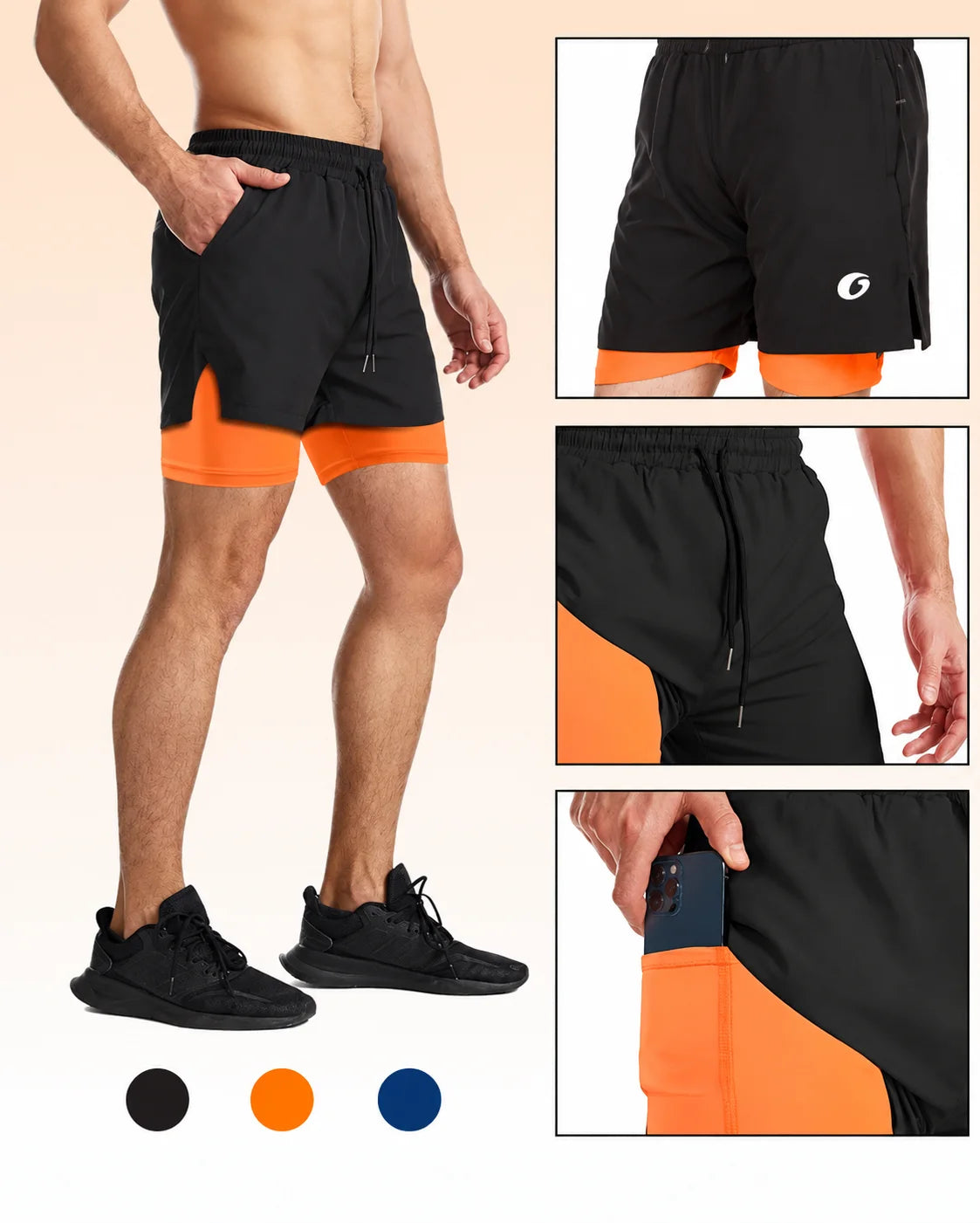 OYSTERS MEN'S 2 IN 1 ORANGE  BLACK SHORTS