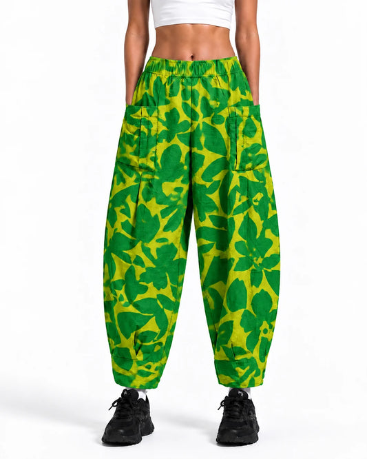OYSTERS YELLOW GREEN PRINTED BALLOON YOGA PANTS FOR WOMEN