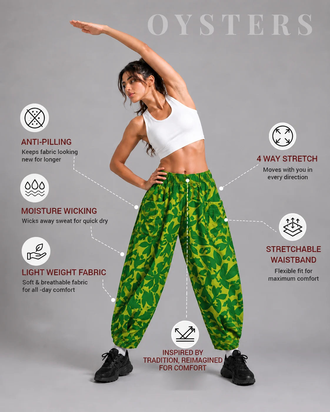 OYSTERS YELLOW GREEN PRINTED BALLOON YOGA PANTS FOR WOMEN