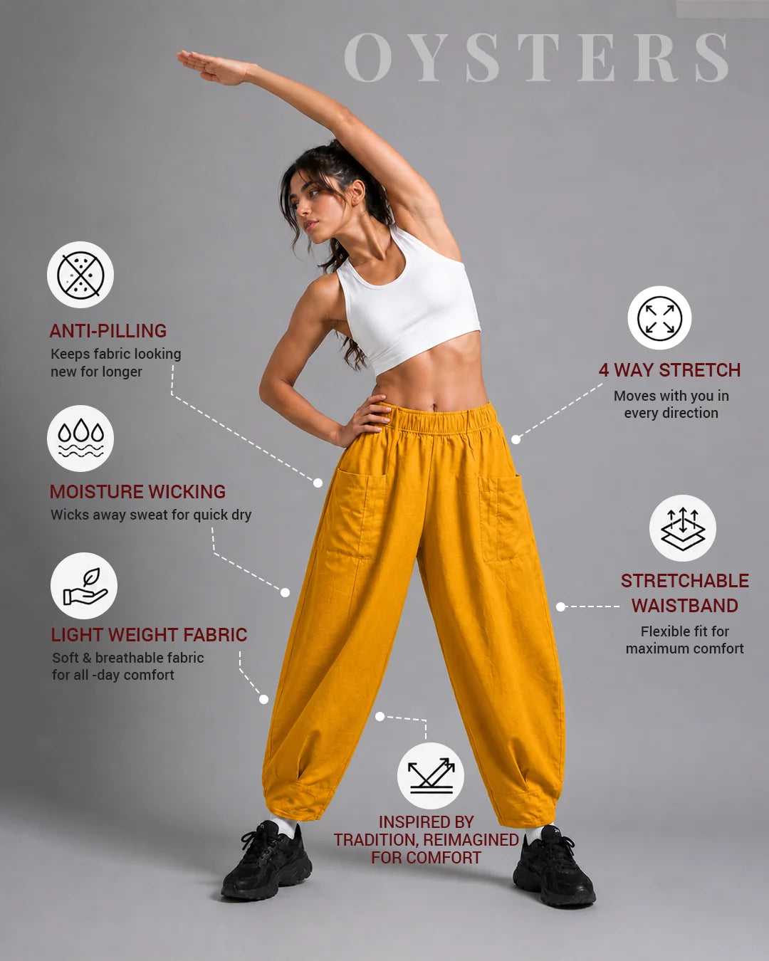 OYSTERS WOMEN's AEROZEN RELAXED FIT MUSTARD YOGA PANTS